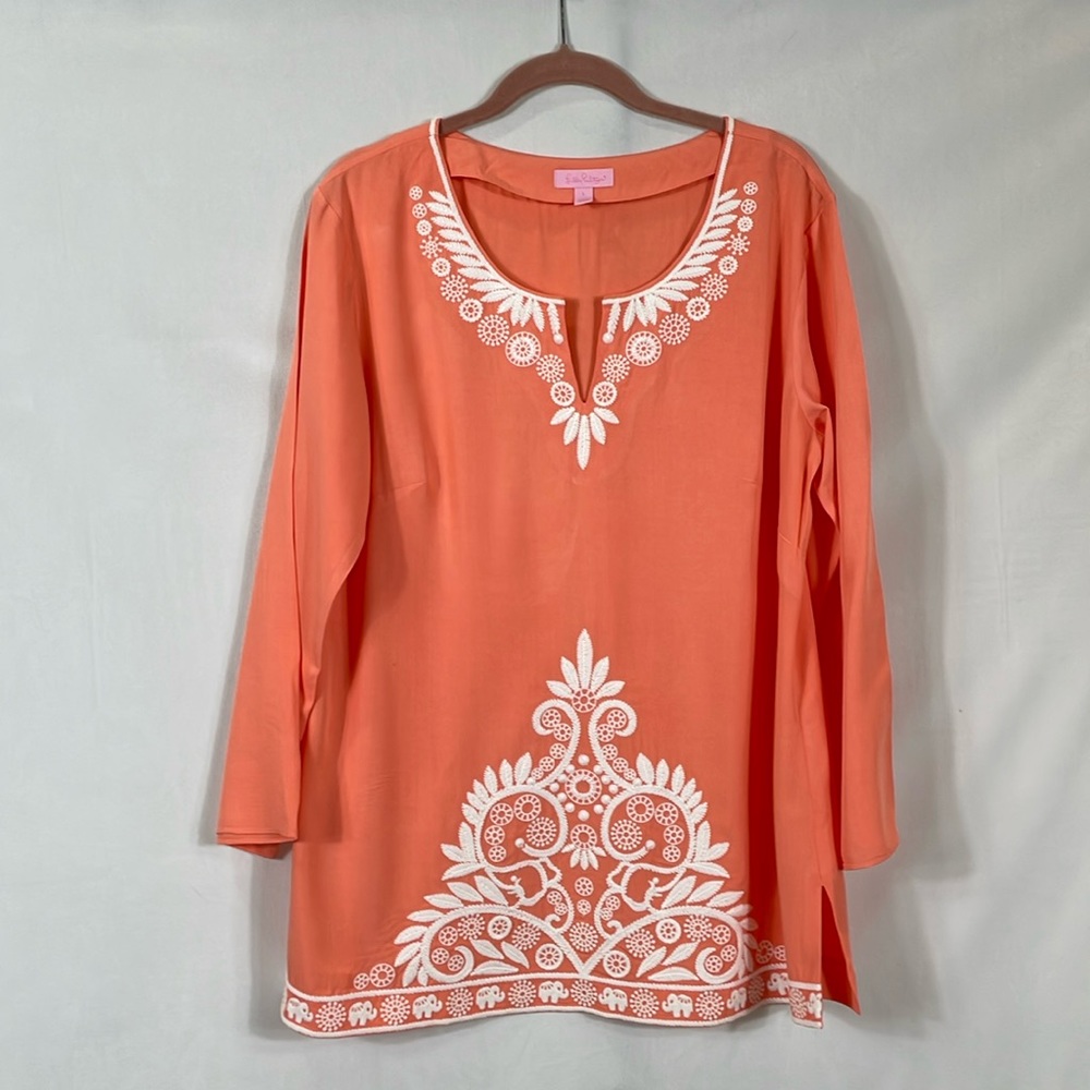 Lilly Pulitzer Tunic Top Size L  Long Sleeve Coral With White Embroidery EUC